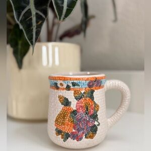Vintage Floral Mosaic Cream Mug with Orange, Blue, Pink and Green Accents